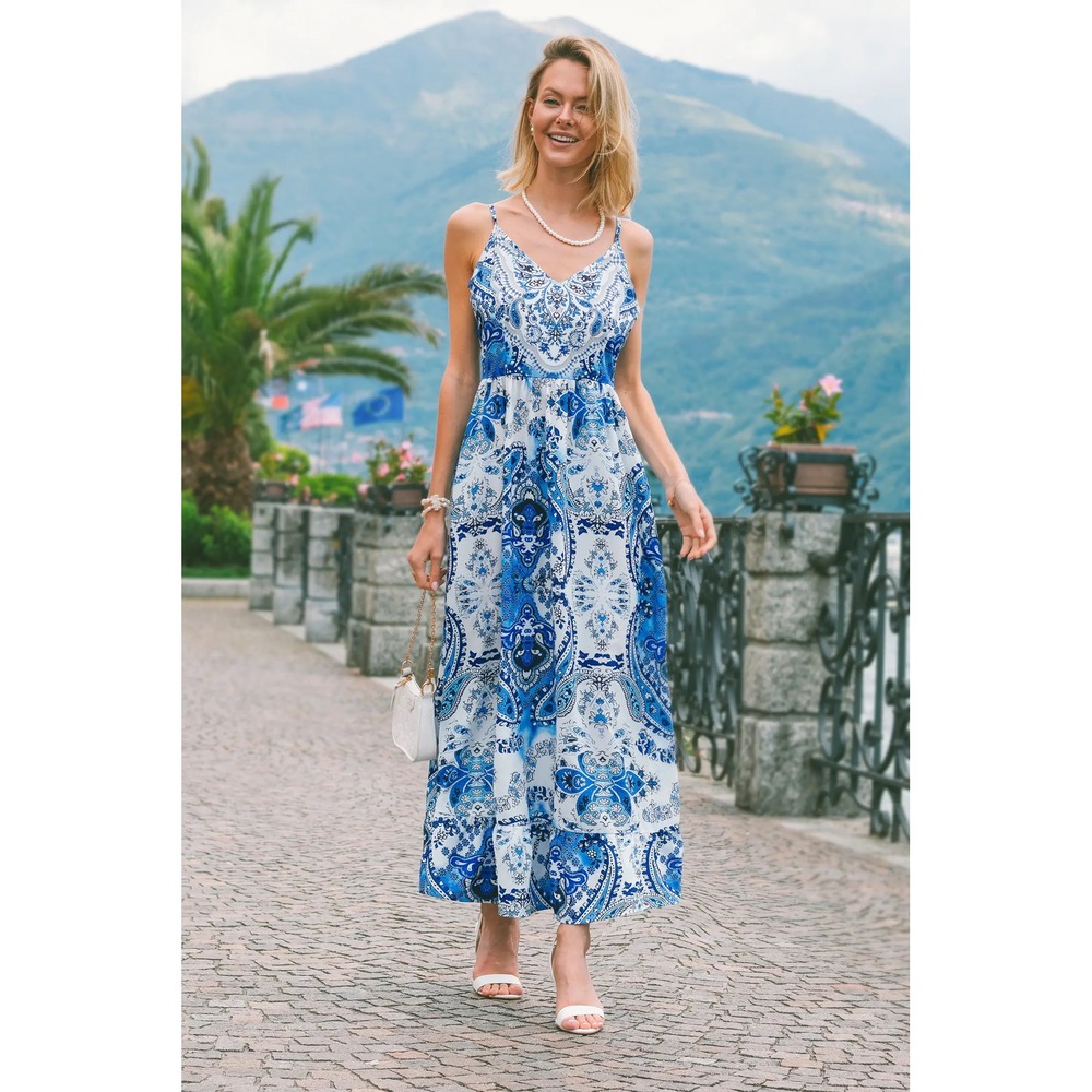 Blue White Paisley Print V-Neck Sleeveless Maxi Dress